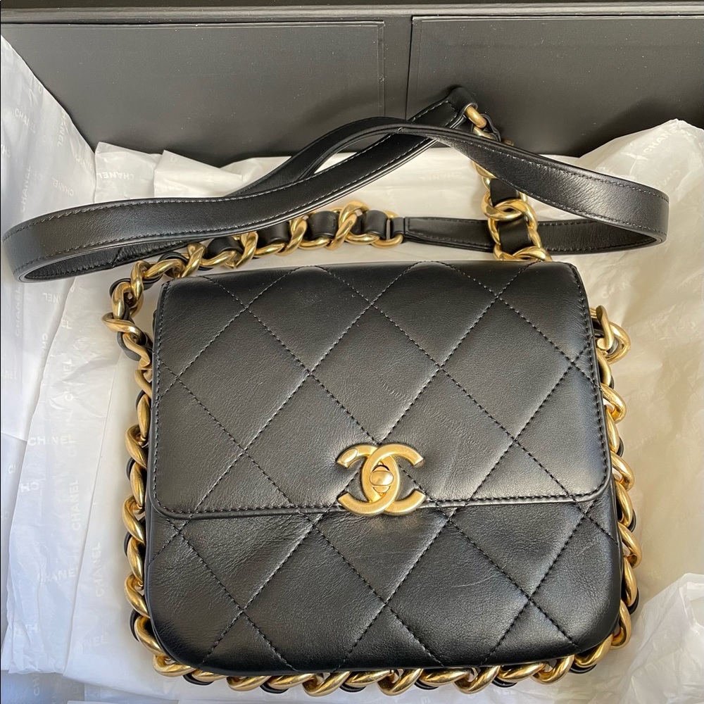 Black Calfskin leather small flap bag